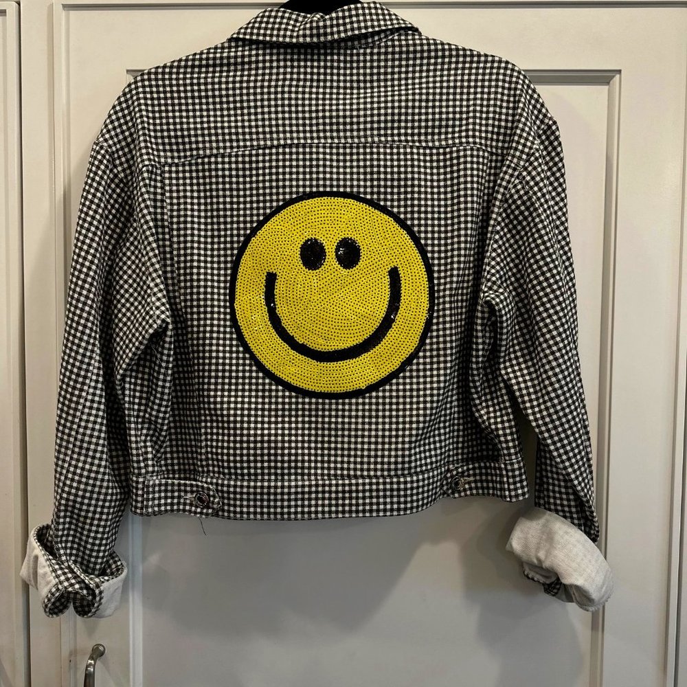 HipChik Couture Black&White SM Cropped Checked Jacket with Smiley Face on Back